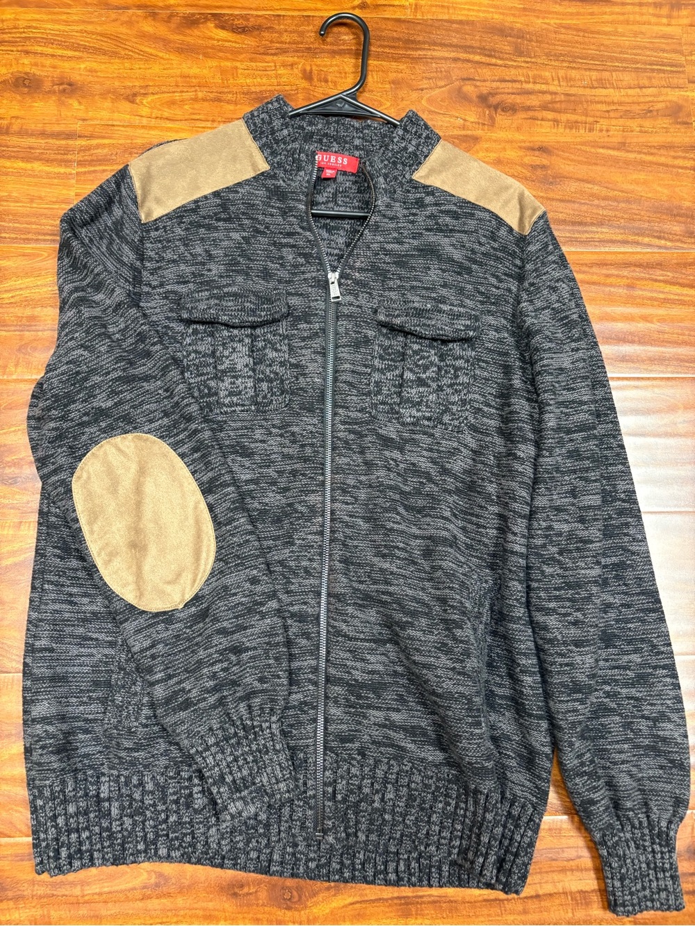 GUESS Charcoal Marled Zip-Up Sweater with Tan Elbow & Shoulder Patches